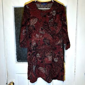 Apt 9 Women’s Burgundy Red Ribbed Paisley Dress Pockets Longsleeve Size M